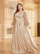 abordables VERT-Robe A-Line Grande Taille Élégante Robe Courbe De Mariage Formelle Longue Au Sol Manches Longues Col en V En Polyester Avec Plis 2025