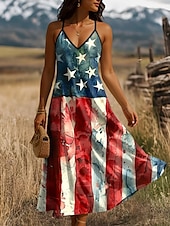 ieftine Rochie de Ziua Independenței-Rochie maxi patriotică pentru femei rochie în linie A rochie tip slip pentru vacanță casual grafic cu steagul american fără mâneci cu decolteu în V bretele spaghetti galben deschis roșu bleumarin