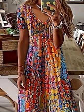 preiswerte Kunst &amp; Design Kleider-Damen Maxikleid Freizeitkleid A Linie Kleid Sommerkleid Elegant Urlaub Lässig Normale Passform Blumen Grafik Abstrakt Kurzarm U-Ausschnitt Rote Leicht Braun Sommer Frühling Herbst