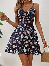 abordables Robes fleuries décontractées-Femmes Mini Robe Robe Fleurie Robe d&#039;été Robe Nuisette Robe Imprimée Classique Moderne Vacances Sortir Week-end Coupe régulière Fleur Sans manches Bretelles spaghetti Noir Bleu de minuit Été
