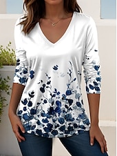 billige Boho t-skjorte-Dame T skjorte Grafisk Planter Årgang Elegant Bohem Årgang Langermet V-hals Vanlige topper Daglig Ut på byen Helg Trykt mønster Svart Hvit Rosa Dusty Rose Rød Vår Høst