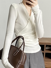 abordables Hauts Unis pour Femmes-Femmes Chemisier Uni Moderne Occasionnel manche longue Col en V Hauts Réguliers Quotidien Fête Froncé Noir Blanche Marron clair Automne