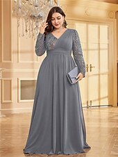 cheap BLUE-A-Line Plus Size Dresses Elegant Curve Dress Formal Wedding Floor Length Long Sleeve V Neck Chiffon with Sequin