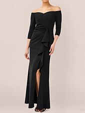 economico BLU-Abito da sera sirena  tromba abito elegante matrimonio formale lunghezza fino al pavimento maniche 3/4 spalle scoperte crepe elasticizzato con pieghe e volants arricciati