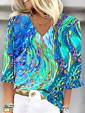 billiga Kvinnors Konst &amp; Design Toppar-Dam Blus Grafisk Geometrisk Elegant Stylish Ledigt 3/4 ärm V-hals Vanliga toppar Dagligen Helgdag Utekväll Mönster Gul Blå Sommar Vår