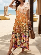 cheap Floral Dress-Women&#039;s Maxi Dress Casual Dress Sundress A Line Dress Elegant Vacation Casual Beach Regular Fit Ombre Floral Graphic Short Sleeve V Neck Magenta Red Blue Purple Summer Spring