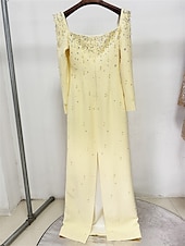 cheap YELLOW-Mermaid / Trumpet High Fashion Yellow Dress Elegant Dress Formal Wedding Floor Length Semi Formal Long Sleeve Square Neck Crepe Center Back Slit with Crystal