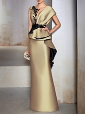 abordables JAUNE-Robe de Soirée Svelte Élégante Robe Invité de Mariage Longueur au Sol Manches Courtes Col V Satin avec Volants Broderie Appliqués