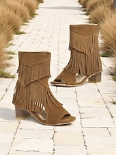 billiga Kvinnor-Bruna damsandaler med mockafransar och blockklack – bohemiska stövlar med öppen tå i västerländsk stil för musikfestivaler, sommarkläder och vardagskläder