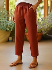 economico Pantaloni in lino e cotone semplici-Pantaloni da donna in cotone e lino, stile etnico vintage, alla caviglia, vita alta, tinta unita, comodi, traspiranti, morbidi, microelastici, verde militare, rosso scuro, nero, bianco, estivi, primaverili, vestibilità ampia.