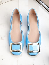 tanie Buty na płaskim obcasie damskie-damskie czarne lakierowane baleriny ze złotą klamrą, elegancki kwadratowy nosek, buty wsuwane do biura i na co dzień