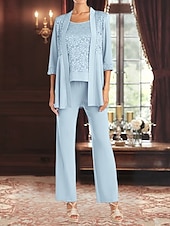 preiswerte Hosenanzüge für Mama-Overall / Hosenanzug Dreiteilig Hosenanzug Brautmutterkleid Elegant Vintage Einfach U-Boot-Ausschnitt Knöchellänge Stretch Chiffon Halbarm mit Spitze Paillette Stickerei 2025