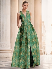 abordables FLORALES-Robe de soirée A-Line en jacquard floral verte élégante Robe de mariage formelle longueur au sol sans manches en V en nylon avec poche fente Robe invitée de mariage
