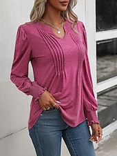 abordables Hauts Unis pour Femmes-Femmes Chemisier Couleur Unie Élégant Occasionnel manche longue Col en V Hauts Réguliers Quotidien Froncé Noir Rose Claire Fuchsia Vert Été Printemps