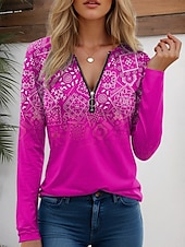 abordables T-shirt Boho-Femmes T-shirt Graphique Dégradé de couleur ancien Moderne Occasionnel manche longue Col en V Hauts Réguliers Quotidien Week-end Fermeture éclair Imprimé Rouge Bleu Violet Vert Été Printemps