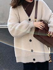 abordables Cardigans et vêtements d&#039;extérieur-Femmes Pull Cardigan Mode Couleur Unie Côtelé Col en V Tricoté manche longue Hauts Réguliers Tricoter Fête Sortir Week-end Noir Gris foncé Hiver