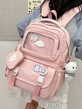 tanie Plecaki dla dzieci i nastolatków-dziewczęcy plecak szkolny w kolorze makaroników - wodoodporny, o dużej pojemności, z ozdobnymi szpilkami, brelokiem w kształcie pluszowego misia i wieloma kieszeniami, odpowiedni dla nastoletnich uczennic i do codziennego użytku na uczelni