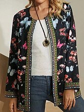 abordables vestes décontractées-Femmes Veste Décontractée Chaud Confortable Avec Poches Mode Moderne Fleuri Rue Sortir Régulier Sans Col Coupe régulière manche longue Vêtements d&#039;extérieur Noir Rose Claire Violet Automne Hiver