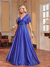preiswerte BLAU-A-Linie Quinceanera Kleider Elegantes Kleid Formelle Hochzeit Bodenlang Kurzarm V-Ausschnitt Chiffon mit Falten