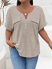 levne Trička nadměrná velikost-Dámské Plus velikost Topy Tričko Pevná barva Zip Kapsy Krátký rukáv Do V Módní Šik ven Na běžné nošení Denní Víkend Polyester Léto Podzim Světlá růžová Fialová