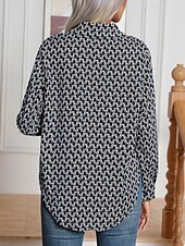 olcso Női csíkos és geometriai felsők-Női Ing Mértani Napi Stílusos Alap Hosszú ujj Állógallér Normál felsők Munka Napi Szabadság Gombok Fekete Fehér Khakizöld Tavasz Ősz