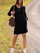 economico Abiti in maglia-Per donna Mini Abito Abito in maglia Casual Casuale Vestibilità regolare Semplice Manica Lunga Scollo a V Nero Marrone Verde Grigio Autunno Inverno