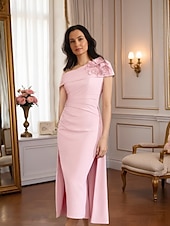 abordables Longueur du thé-Robe fourreau  colonne robe mère de la mariée robe formelle élégante vintage épaule unique longueur thé tissu extensible manches courtes avec appliques plissées robe de derby robe de jour de course