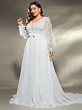 cheap Semi-formal / Cocktail-A-Line Evening Gown Elegant Dress Formal Wedding Sweep / Brush Train Long Sleeve V Neck Chiffon with Pleats