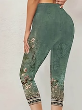 baratos Leggings de mulher-Mulheres Leggings Férias Vintage Estilo Étnico Comprimento da panturrilha Cintura Alta Floral Gráfico Respirável Secagem Rápida Macio Com Stretch Ao ar livre Férias Casual Verde Verão Primavera Fino