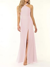 baratos Vestidos para Madrinhas-Vestido de dama de honra sereia/trompete, decote halter, sem mangas, elegante, longo, chiffon, com fenda frontal 2025