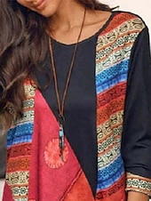 preiswerte Streifen- und geometrische Kleider-Damen Minikleid A Linie Kleid Lässig Boho Täglich Lässiger Schnitt Geometrisch Farbblock Langarm Rundhalsausschnitt Rote Sommer