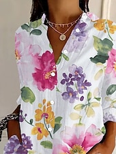 ieftine Topuri florale-Pentru femei Cămașă Floral Grafic Epocă Tropical Zilnic Manșon Lung Guler Cămașă Topuri obișnuite Muncă Zilnic Concediu Nasturi Imprimeu Roz Îmbujorat Vară Primăvară Toamnă