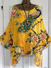 cheap Floral Tops-Women&#039;s Boho Shirt Floral Graphic Elegant Bohemia Active Short Sleeve Batwing Sleeve Boat Neck Regular Tops Daily Holiday Beach Wear Yellow Pink Blue Khaki Beige Summer Spring