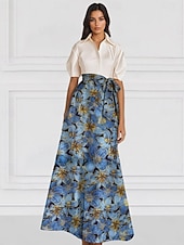 economico FLORALI-Abito da sera elegante A-Line in broccato jacquard floreale con colletto a camicia e tasca in nylon con tasca