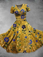 ieftine Rochii florale-Pentru femei Rochii Midi Rochie de vară Rochie Fit And Flare Petrecere Casual Zilnic Concediu Fit regulat Floral Grafic Manșon scurt În V Galben Roșu-aprins Albastru piscină Mov Vară