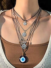 abordables Collier pour femme-Ensemble de colliers à breloques bohèmes superposés pour femmes – pendentifs multicouches mauvais œil, soleil et étoile avec tour de cou en perles, pour la mode spirituelle, les festivals et le quotidien