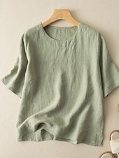 abordables Chemises-Femmes Chemise Haut en Coton Blanc Couleur Unie Élégant ancien Basique Manche Courte Col ras du cou Hauts Réguliers Quotidien Sortir Week-end Blanche Jaune Rose Claire Violet Vert Été Printemps