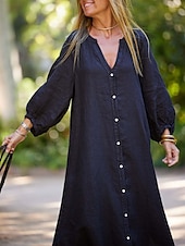 preiswerte Weißes Kleid-Damen Maxikleid A Linie Kleid Sommerkleid Lässig Täglich Normale Passform Einfach Langarm V Ausschnitt Schwarz Weiß Braun Grau Sommer