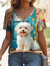 abordables T-shirt Animaux-Femmes T-shirt Graphique Animal Chien ancien Élégant Occasionnel Manche Courte Col en V Hauts Réguliers Quotidien Imprimé Jaune Bleu Orange Bleu clair Été Printemps