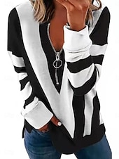 abordables Art &amp; Design Tops-Pull zippé quart femme géométrique décontracté manches longues col rond tops réguliers vêtements de tous les jours imprimé décontracté noir blanc rouge bleu gris automne hiver