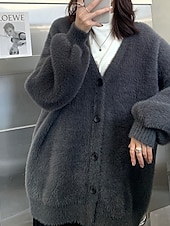 abordables Cardigans et vêtements d&#039;extérieur-Femmes Pull Cardigan Mode Couleur Unie Côtelé Col en V Tricoté manche longue Hauts Réguliers Tricoter Fête Sortir Week-end Noir Gris foncé Hiver
