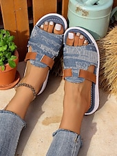 economico Sandali Casual-sandali slip-on in denim da donna con dettagli in similpelle, stile rustico chic da fattoria per barbecue in giardino, passeggiate in campagna e abbigliamento casual quotidiano