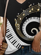 billige Stripe og geometrisk t-skjorte-musikk festival Dame T skjorte Grafisk Geometrisk Årgang Stilfull Klassisk Kortermet V-hals Vanlige topper Daglig Ut på byen Strand Klær Trykt mønster Svart og Hvit Hvit / Svart Sommer Vår