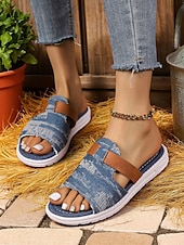economico Sandali Casual-sandali slip-on in denim da donna con dettagli in similpelle, stile rustico chic da fattoria per barbecue in giardino, passeggiate in campagna e abbigliamento casual quotidiano