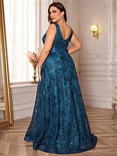 preiswerte SCHWARZ-A-Linie Plus Size Kleider Elegantes Kurvenkleid Formelles Hochzeitskleid Bodenlang Ärmellos V-Ausschnitt Spitze mit Pailletten 2025