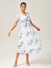 abordables Robes fleuries élégantes-robe longue en mousseline délavée à fleurs bleues