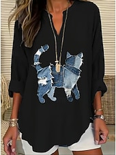 preiswerte Kunst &amp; Design Blusen-Damen Bluse Leinenoptik Atmungsaktiv Leicht Tunika V-Ausschnitt Langarm Boho Lässig Sommer Tops Grafik Tier Katze Vintage Tropisch Reguläre Tops Alltag Druck Schwarz Weiß Blau Himmelblau