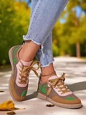 economico Sneakers da donna-Sneakers da donna verdi con lacci: scarpe casual ispirate al retrò con dettagli a contrasto bianchi per passeggiate, scuola e commissioni quotidiane