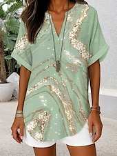 abordables Hauts d&#039;Art et de Design pour Femmes-Blouse Femme Col V Ombre Graphique Géométrique Élégant Quotidien Chic Manches Courtes Hauts Quotidien Vacances Noir Vert Clair Bleu Vert Bleu Clair Été Printemps