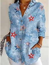 cheap Independence Day Top-Independence Day Women&#039;s Patriotic Fourth of July Shirt Graphic Flag Vintage Tropical Stylish Long Sleeve Shirt Collar Regular Tops Work Daily Buttons Print Black White Red Light Blue  Fall